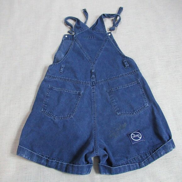 VTG Xhilaration Jean Overall Shorts Shortalls Women 11 Blue Denim Back Patch Y2K - Picture 10 of 12
